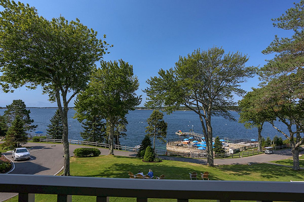 View of a scenic lake with a tree-lined shore, small dock, boats, cars, and people relaxing on the lawn under clear blue skies.