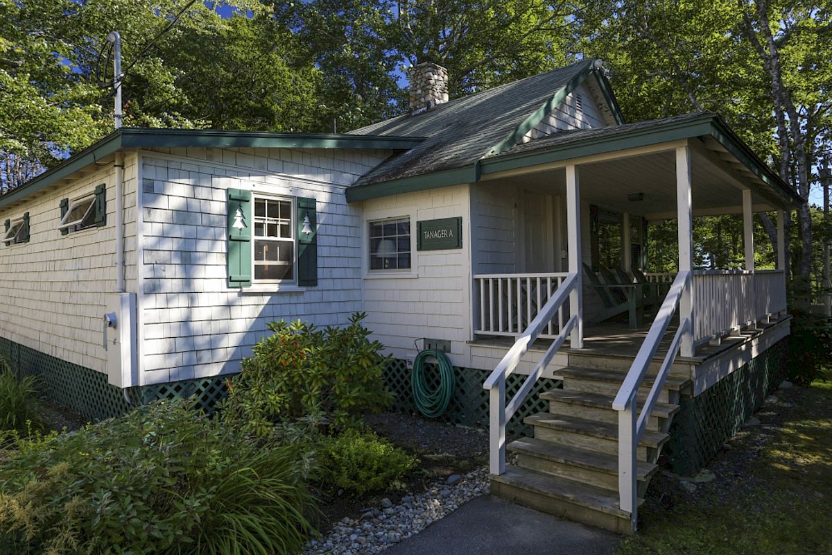 An image of a small house with a shaded porch, green shutters, surrounded by trees and a small garden; there's a hose on the side wall.