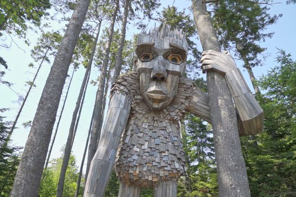 A large wooden sculpture of a troll figure stands among tall trees, holding onto one of them.