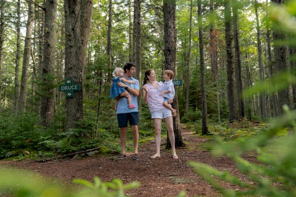 A family of four walking in a forest with tall trees, the parents holding the children, smiling and looking at each other.