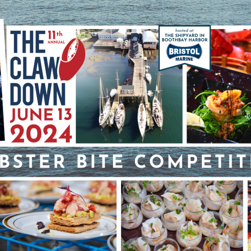 Image promoting the 11th Annual Claw Down Lobster Bite Competition on June 13, 2024, in Bristol, featuring various dishes and attendees.