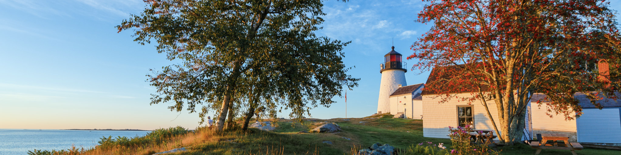 A picturesque coastal scene featuring a lighthouse, trees, a garden with colorful flowers, and a pathway by the sea under a clear blue sky.